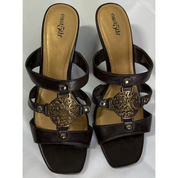 East 5th Womens Brown Gold Medallion Wedge Sandal Slip On 8.5 US - Picture 7 of 12